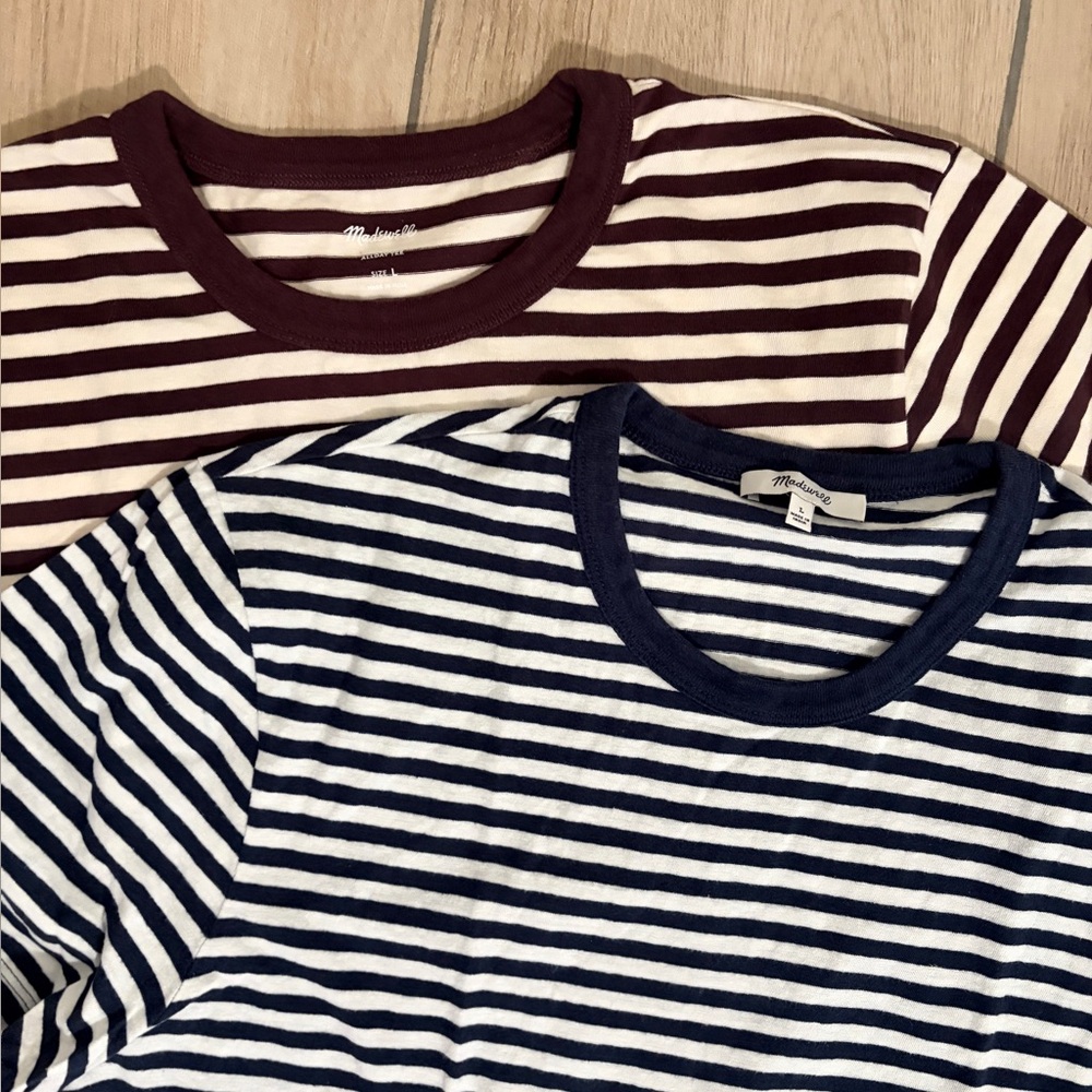 Madewell Lot of 2 Large Striped Crewneck Tees. Burgundy and Navy